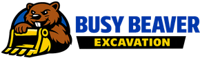 Logo for Busy Beaver Excavation featuring an illustrated brown beaver leaning on a yellow excavator bucket.