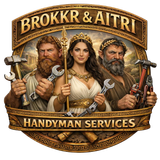 Logo for Brokkr & Aitri Handyman Services featuring a brown anvil, hammer, and wrench on a white background.