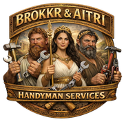 Logo for Brokkr & Aitri Handyman Services featuring a brown anvil, hammer, and wrench on a white background.