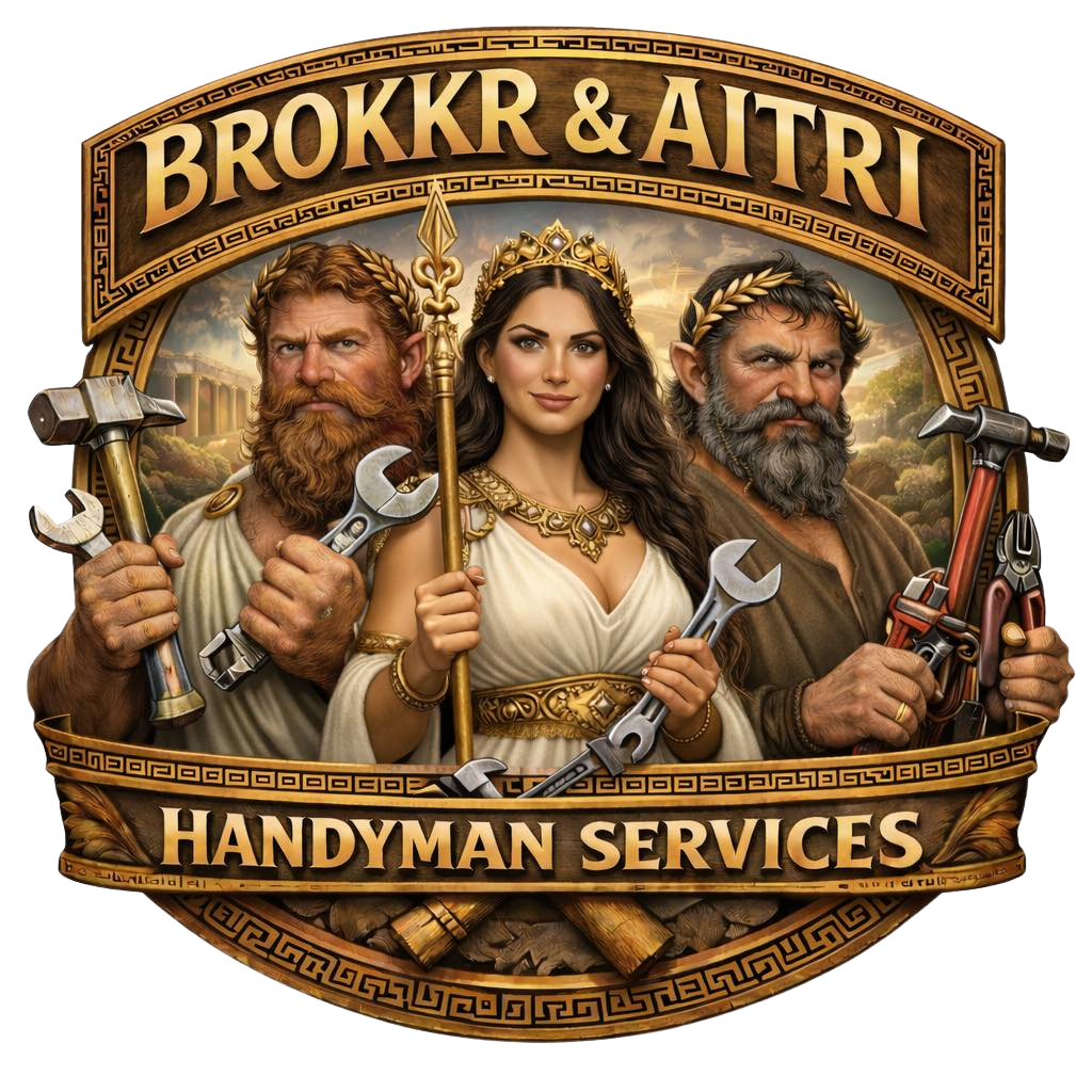 Logo for Brokkr & Aitri Handyman Services featuring a brown anvil, hammer, and wrench on a white background.