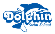 Blue dolphin leaping over "Dolphin Swim School" text.