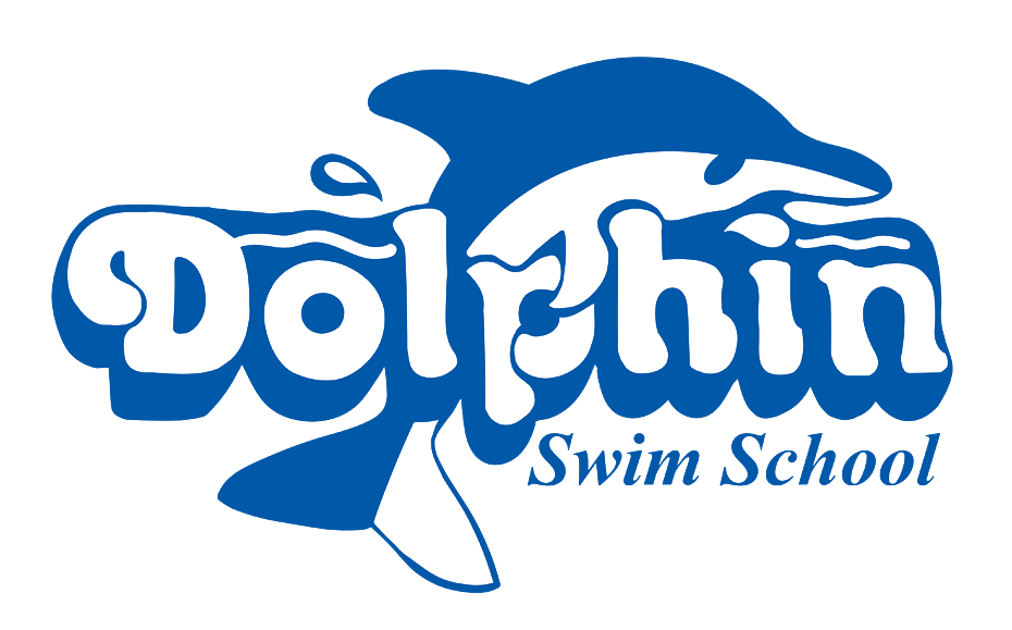 Blue dolphin leaping over "Dolphin Swim School" text.