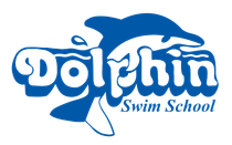 Blue dolphin leaping over "Dolphin Swim School" text.