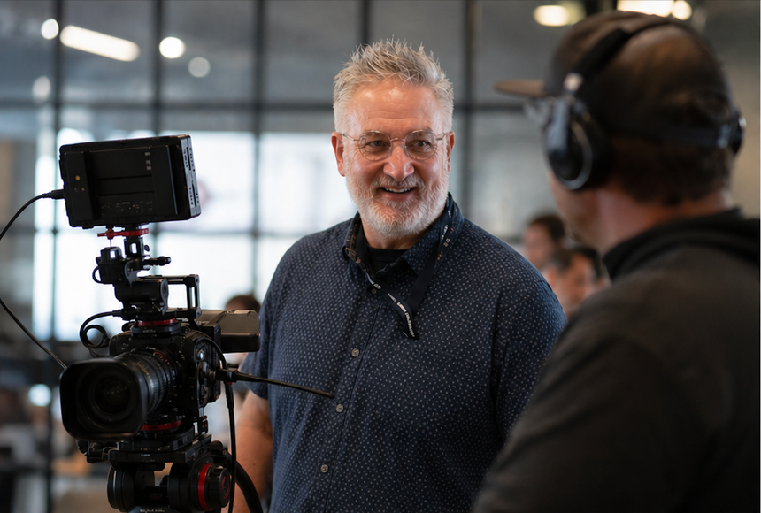 Man operating a camera on a tripod while speaking with a headset-wearing colleague in a studio setting