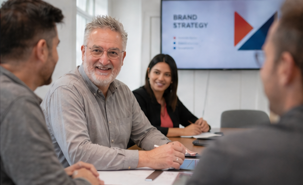 Colleagues in a meeting room discussing brand strategy, with a presentation screen in the background