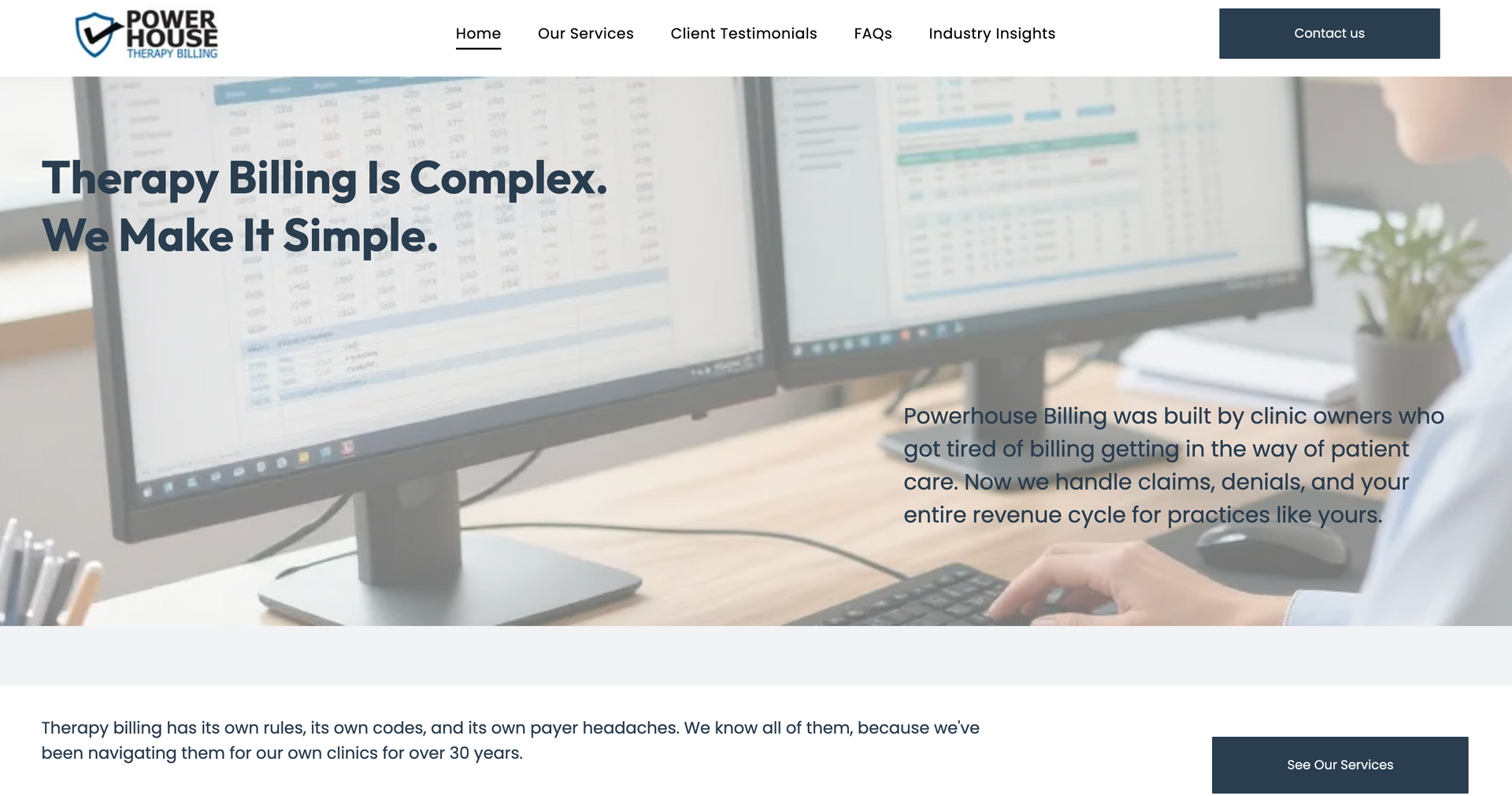 Therapy billing website homepage with desk, dual monitors, and headline “We Make It Simple.”