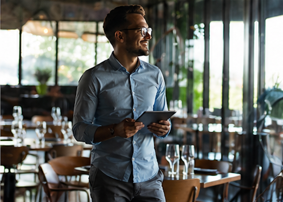 Man holding a tablet in a modern restaurant, standing by set tables and looking to the side.