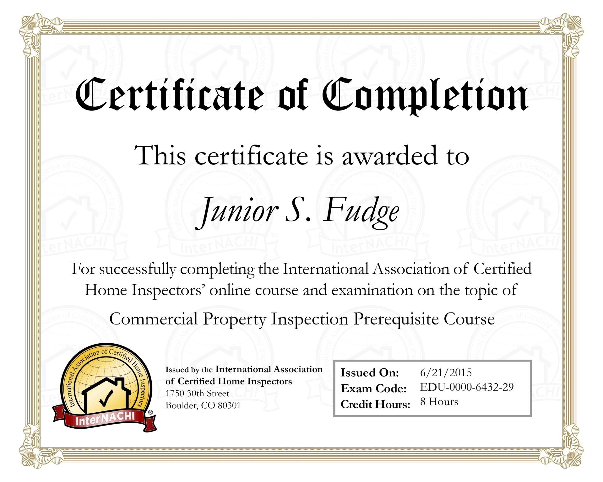 Raptor Inspections - InterNachi Commercial Property Inspection Certificate - PEI building commercial inspector