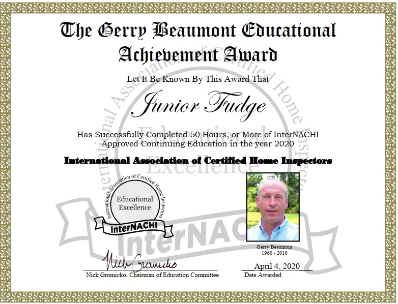 Raptor Inspections - Home Inspector Gerry Beaumont Award
