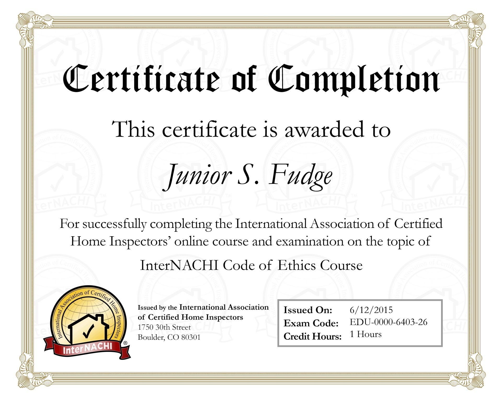 Raptor Inspections PEI home inspector - InterNachi Code of Ethics Certificate