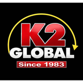 Logo K2 Global in rosso e bianco con freccia gialla e la scritta 