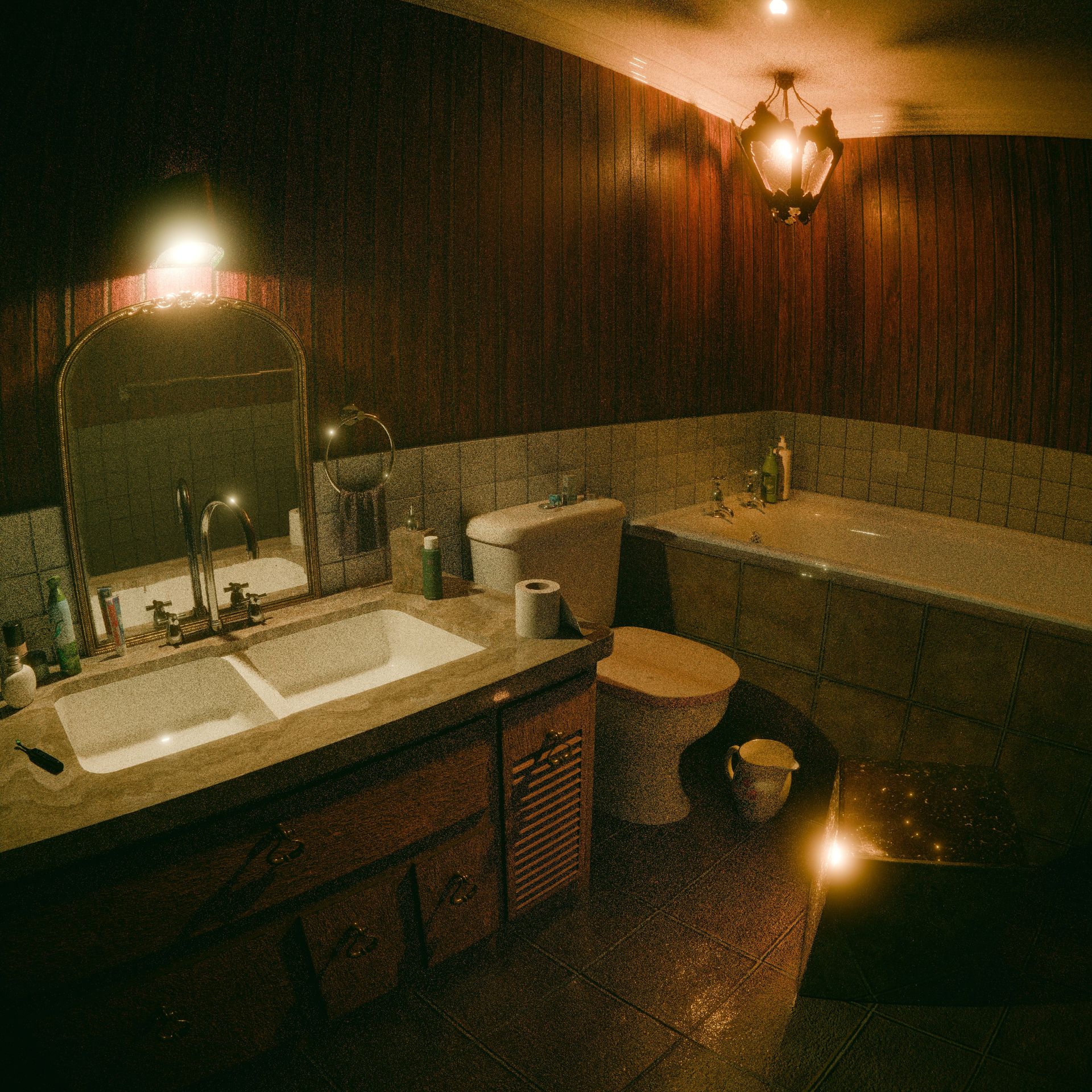 Dim bathroom with a vanity sink, mirror, toilet, and bathtub lit by warm wall sconces.