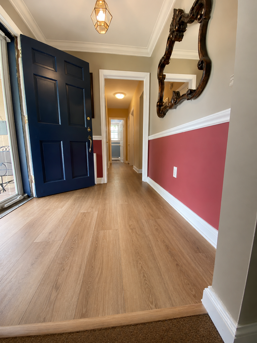 Narrow hallway with a navy front door, wood floor, pink accent wall, and ornate mirror