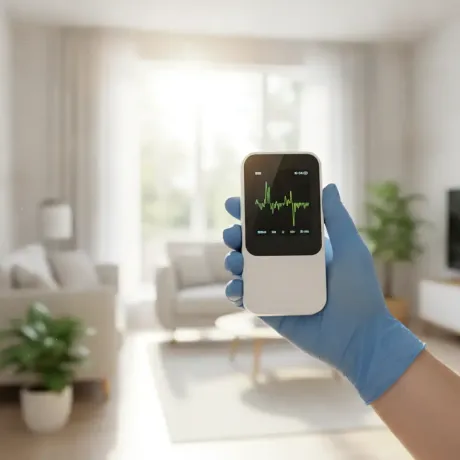 Gloved hand holding a medical device with a green heart monitor line in a bright living room