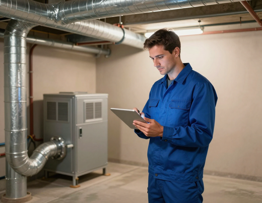 Technician inspecting ductwork in a clean residential basement