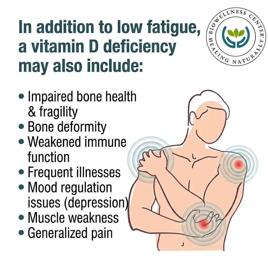 Vitamin D deficiency symptoms infographic with body pain, bone weakness, fatigue, mood issues, and illness.