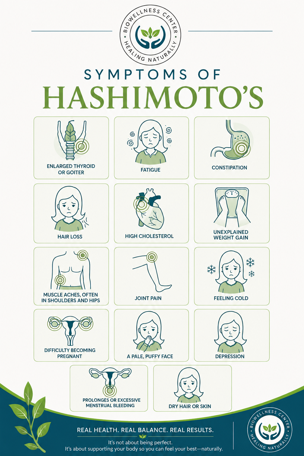 Poster titled “Symptoms of Hashimoto’s” with illustrated symptom icons in a green medical infographic.