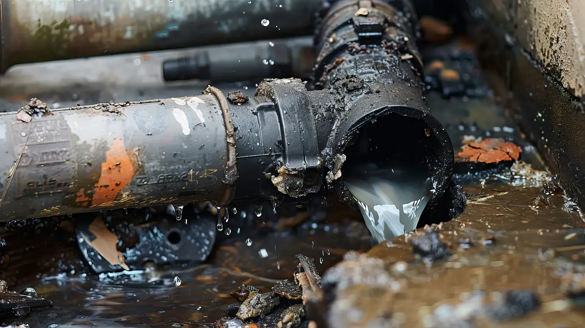 Leaking black pipe with wastewater in a grimy, outdoor setting.
