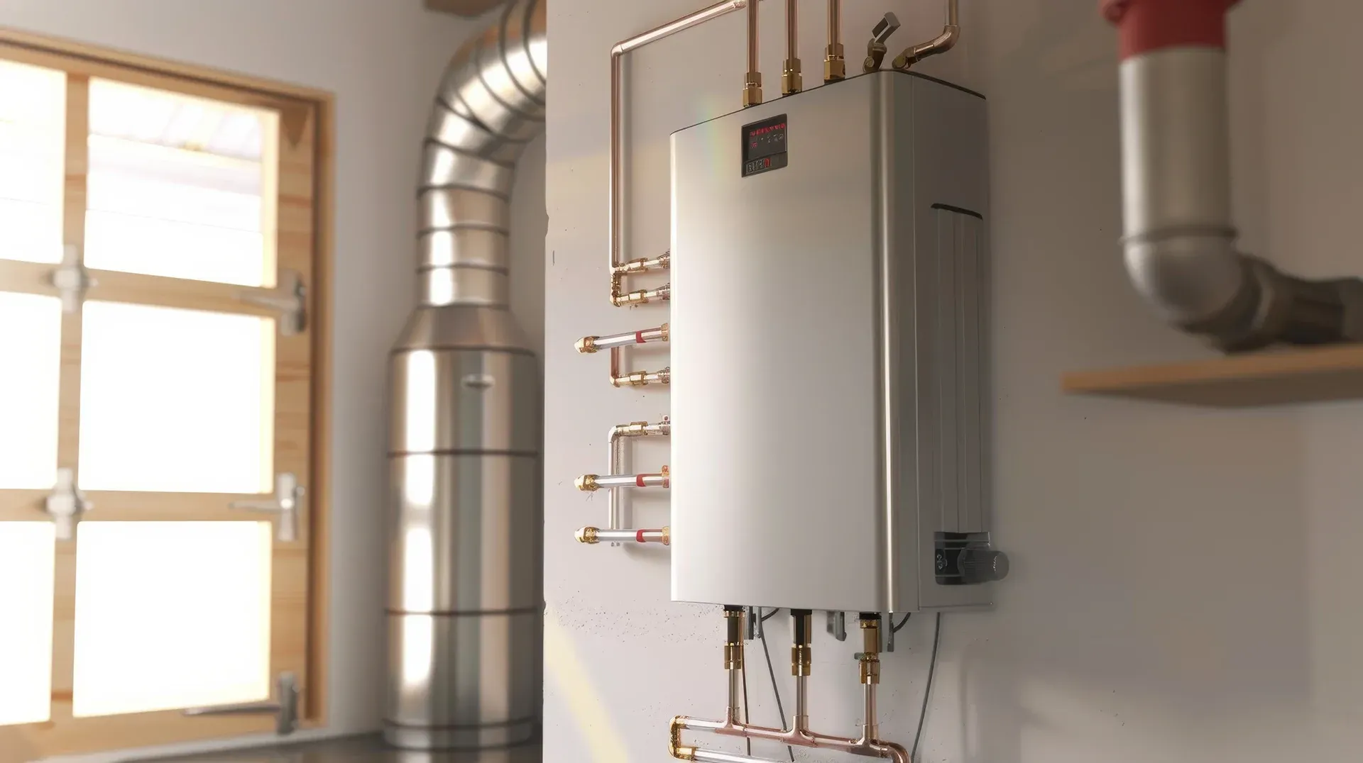 A tankless water heater mounted on a white wall, copper pipes, and a vent next to a window.