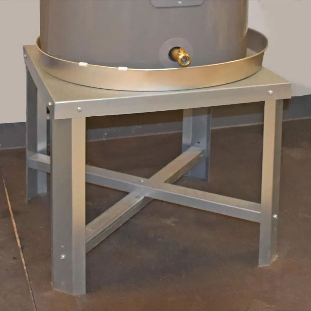 Gray metal stand supporting a cylindrical water heater.