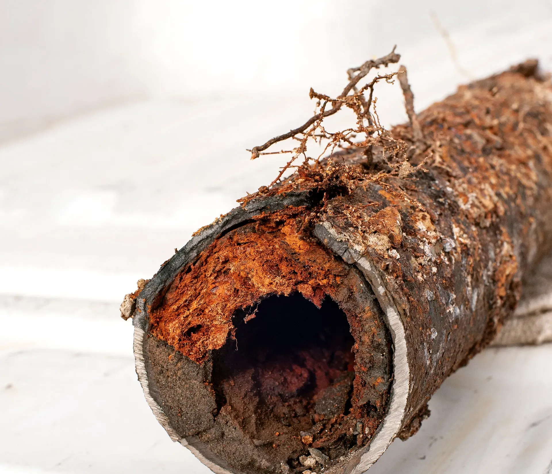 a close up of a rusty pipe with roots sticking out of it .