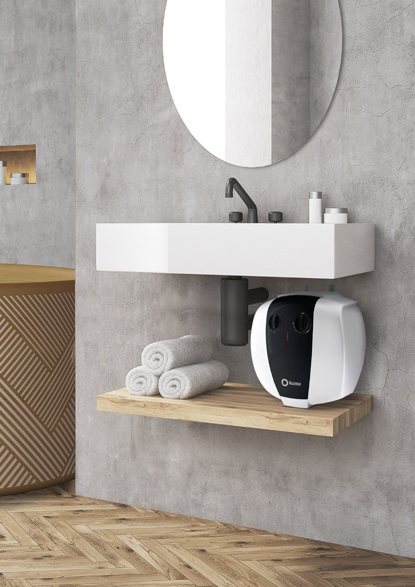 Bathroom with a floating sink, mirror, shelf, and white insta-hot water heater. Rolled towels on shelf.