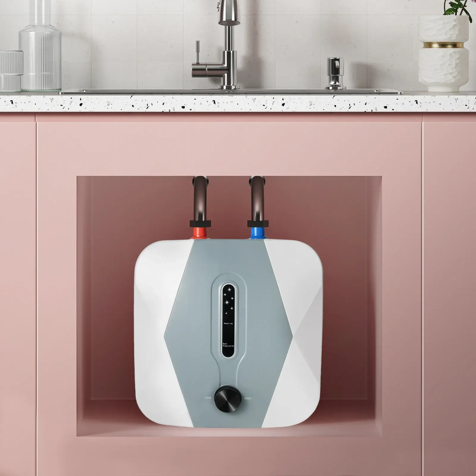 Electric water heater installed under a pink cabinet, with red and blue pipes and a control knob.