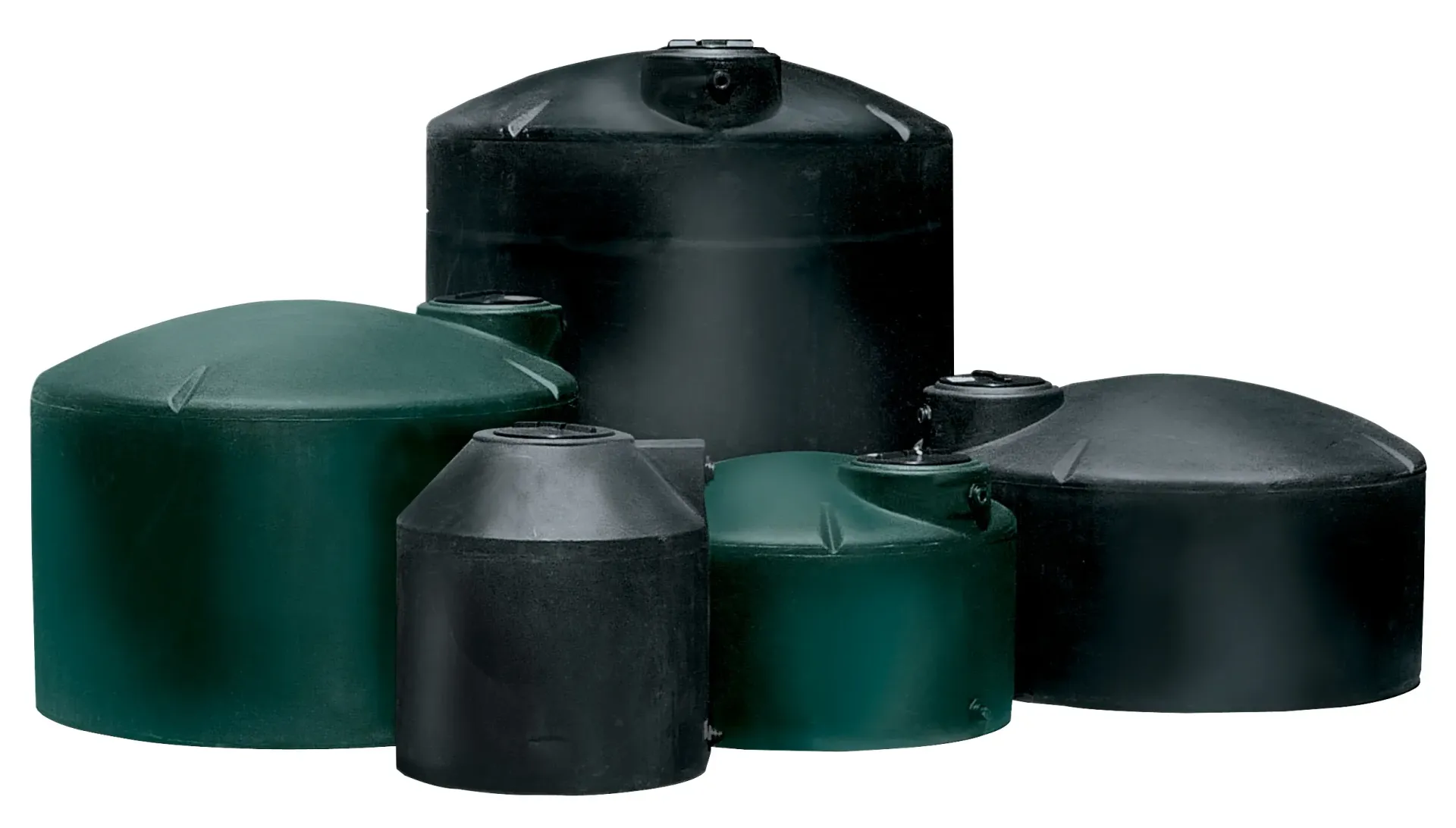 A group of black water tanks are stacked alongside one another.
