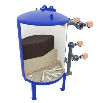 A blue tank with a few pipes attached to it and a filtration system