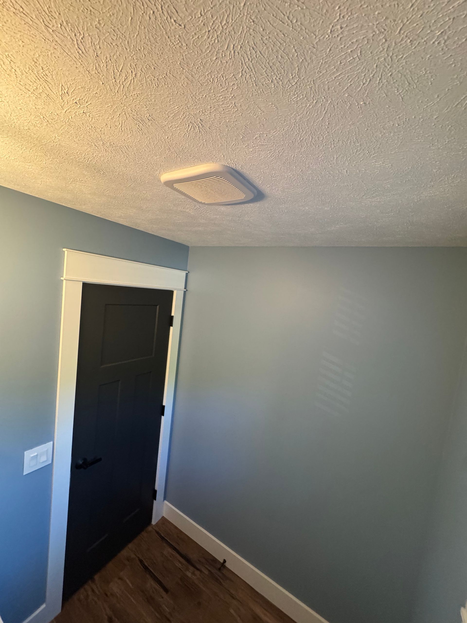 Small room corner with light blue walls, white textured ceiling, dark door, and wood floor.
