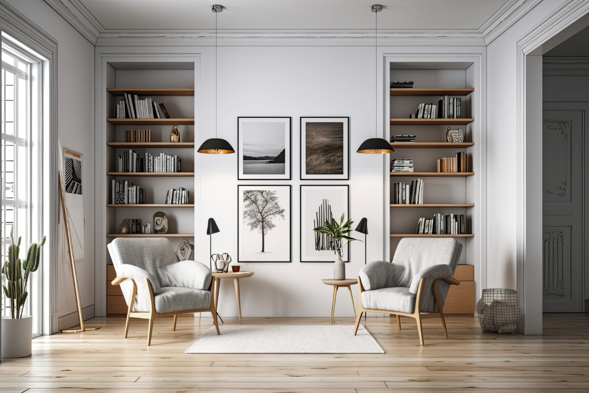 A cozy room with two armchairs, small side tables, bookshelves, framed artwork, and hanging lamps on a wooden floor.