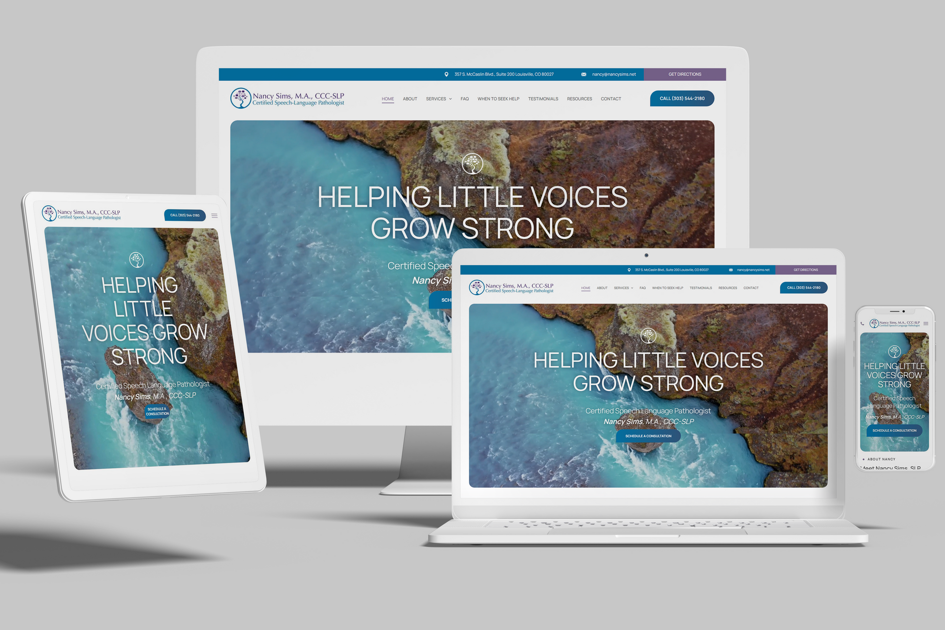 Website design displayed on multiple devices: desktop, laptop, tablet, and phone. Turquoise water with text 