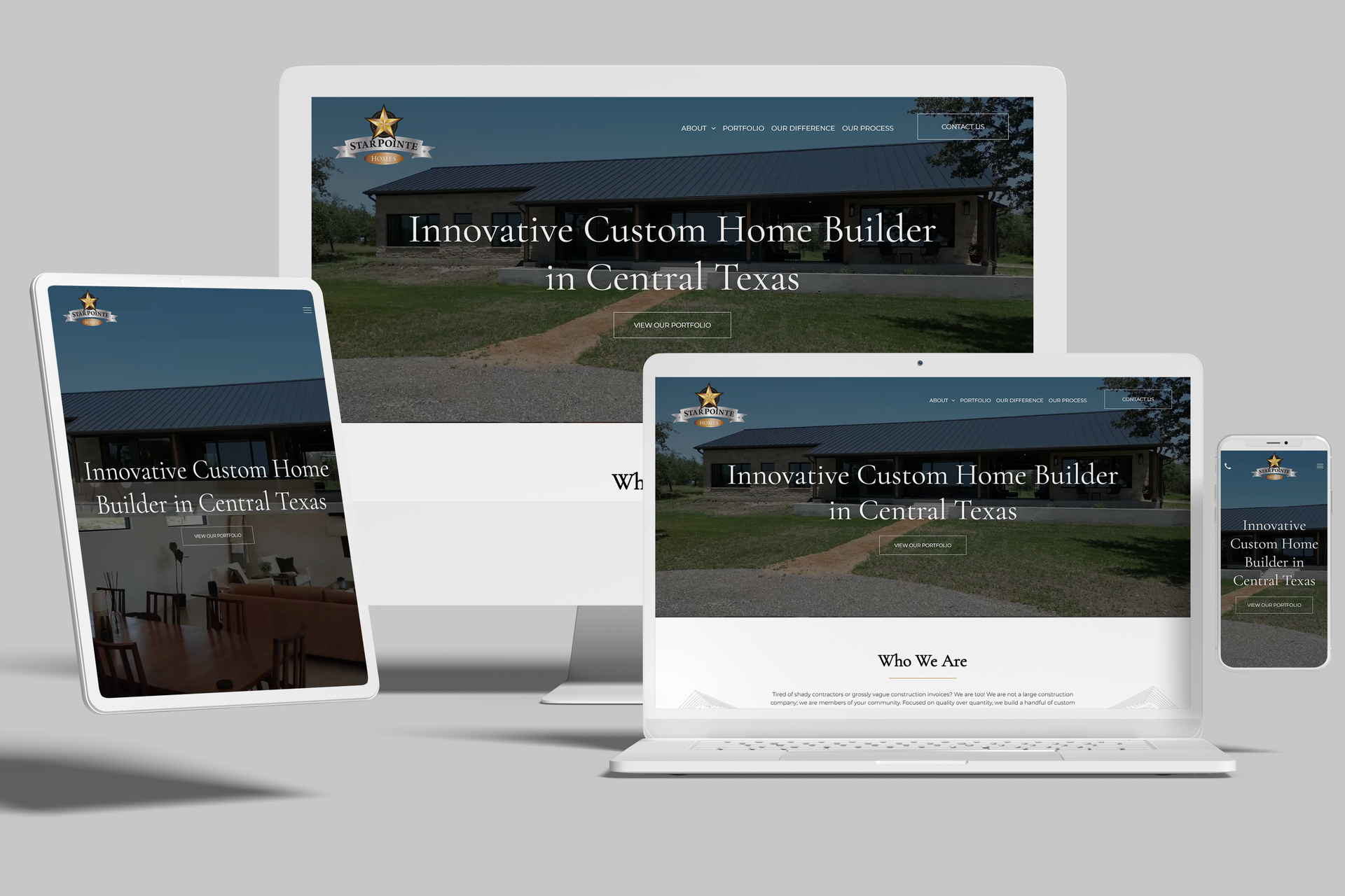 Website mockups on devices: Innovative custom home builder in Uvalde, Texas, on a computer monitor, laptop, tablet, and phone.