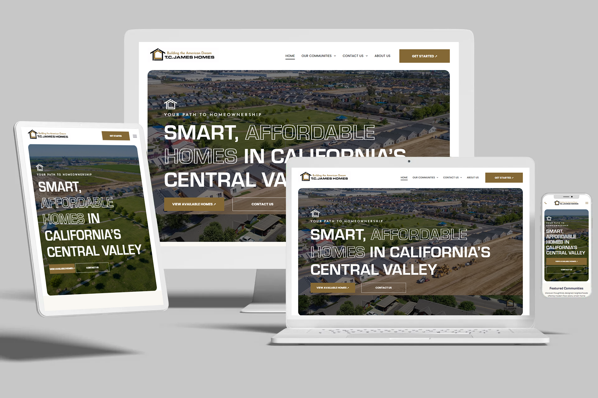 Website mockup showing a real estate site on various devices; text reads 