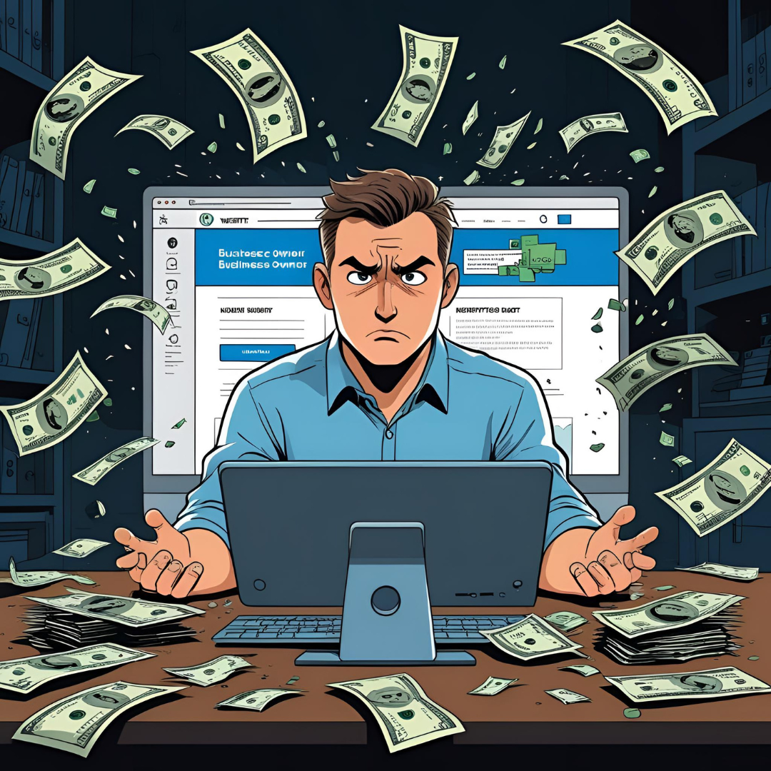 Man surrounded by money, looking stressed while using a computer. Money flying around the screen.