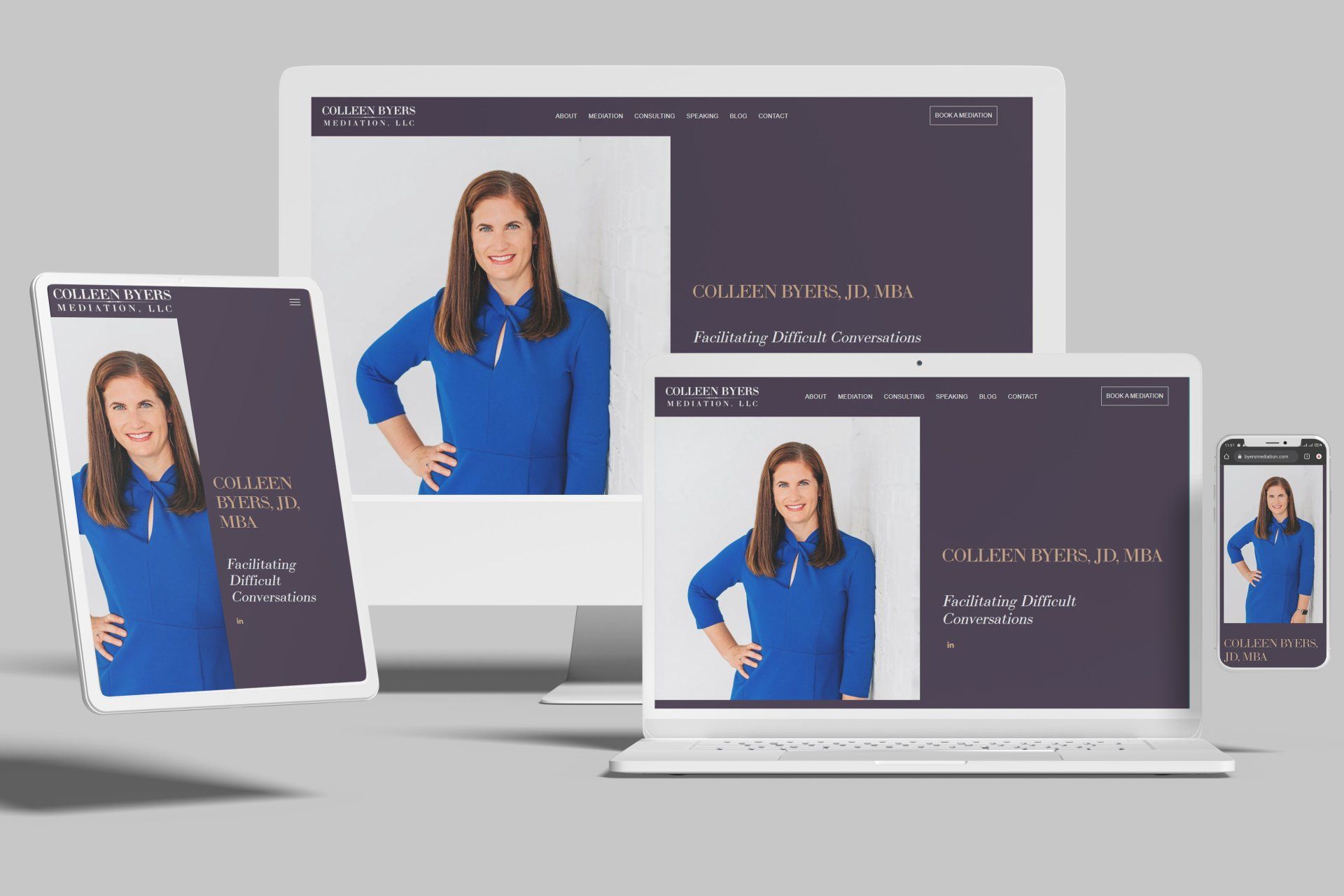 Website mockup: Woman on a computer, tablet, and phone, with a navy and white color scheme.
