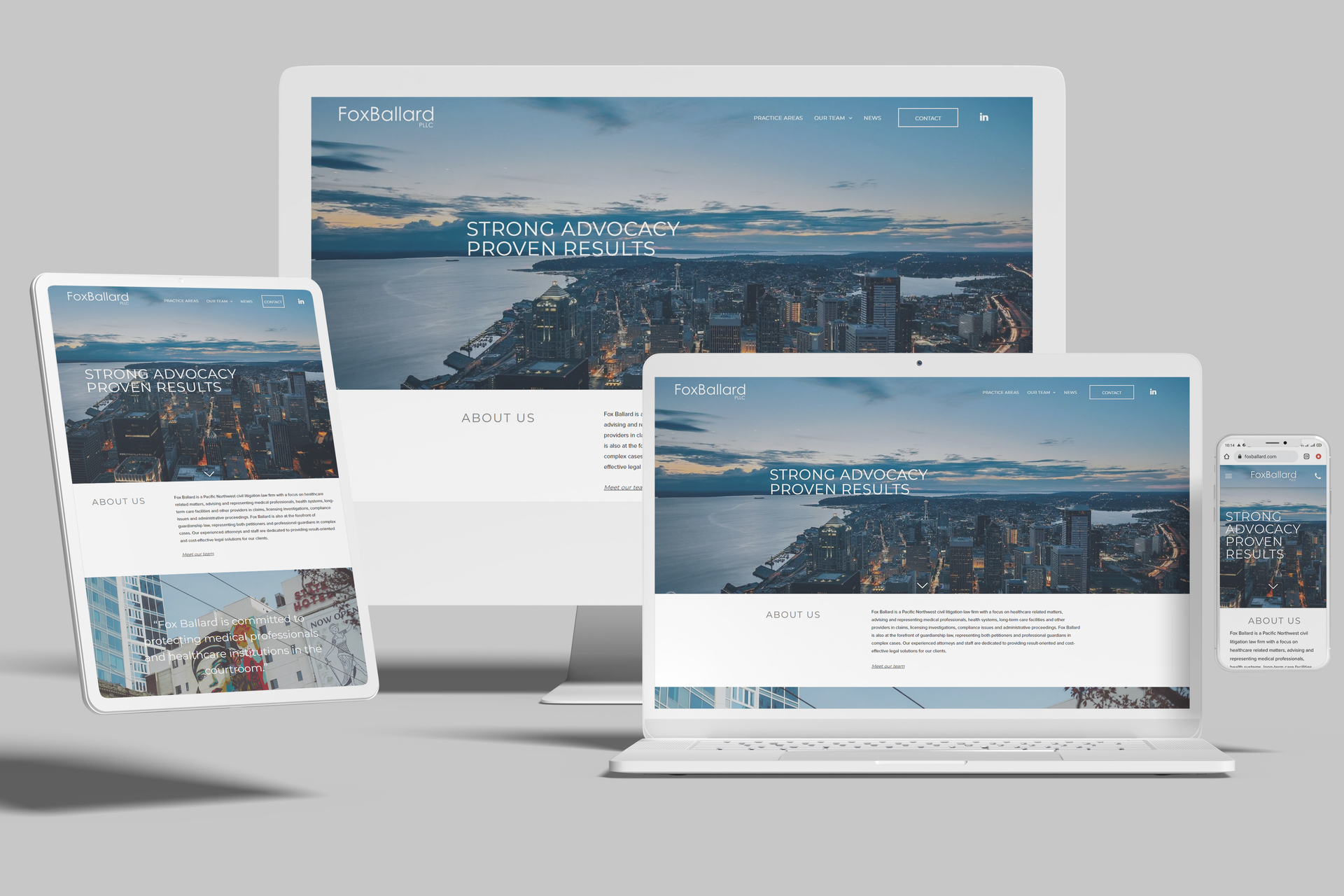 Website design displayed on various devices: desktop, tablet, laptop, and phone. Featuring city skyline view.