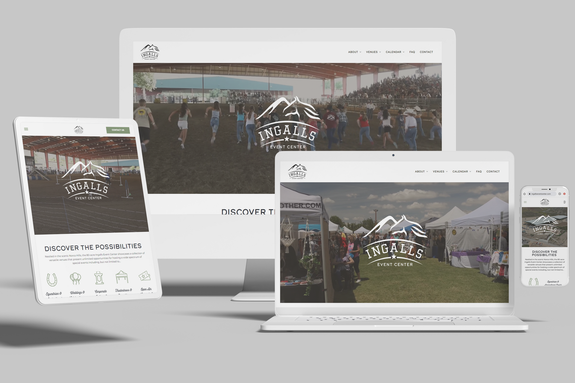Website mockup: displays on a phone, computer screen, laptop, and tablet, showing a festival scene.