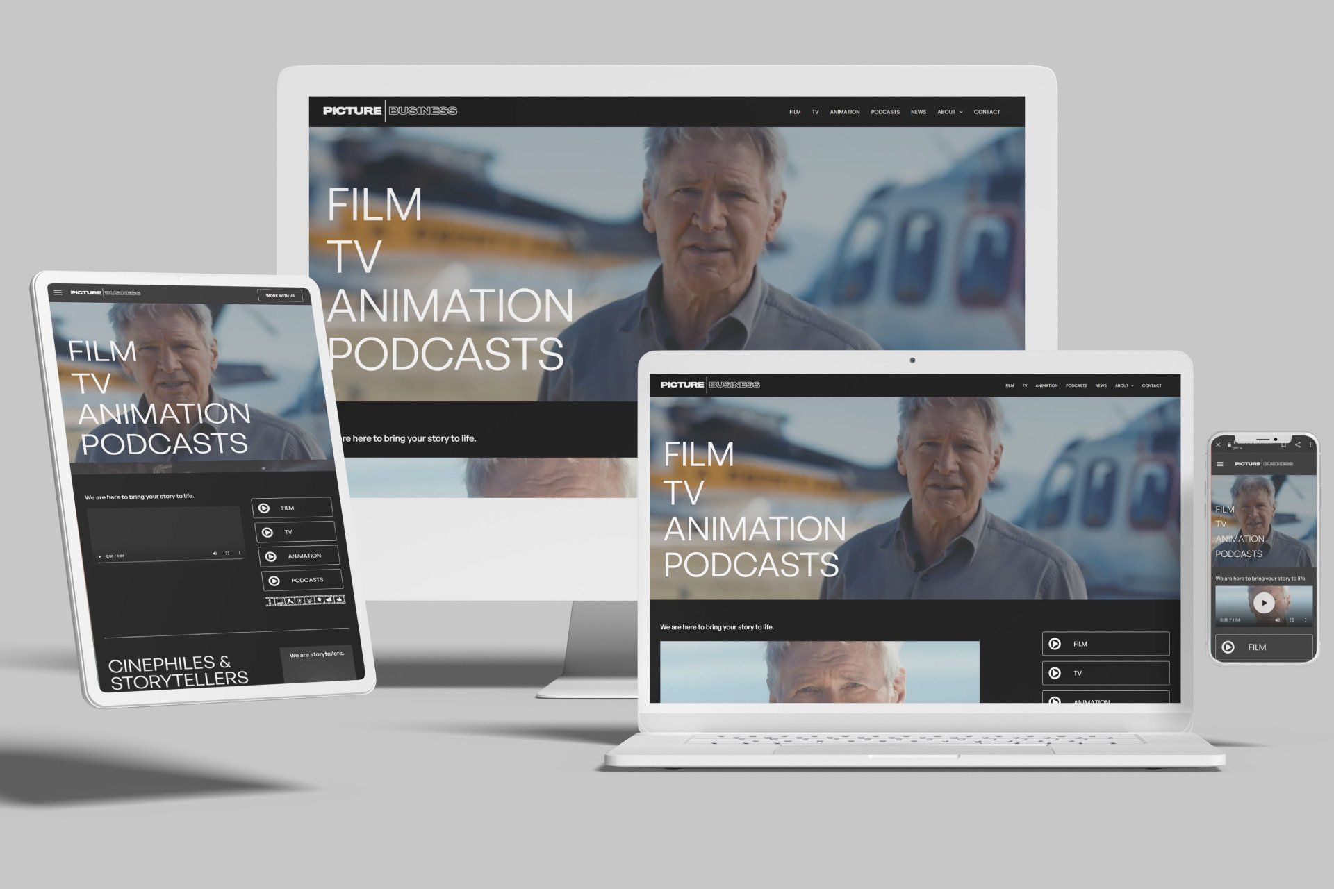 Website design displayed on a desktop, laptop, tablet, and phone, showing a man and the words