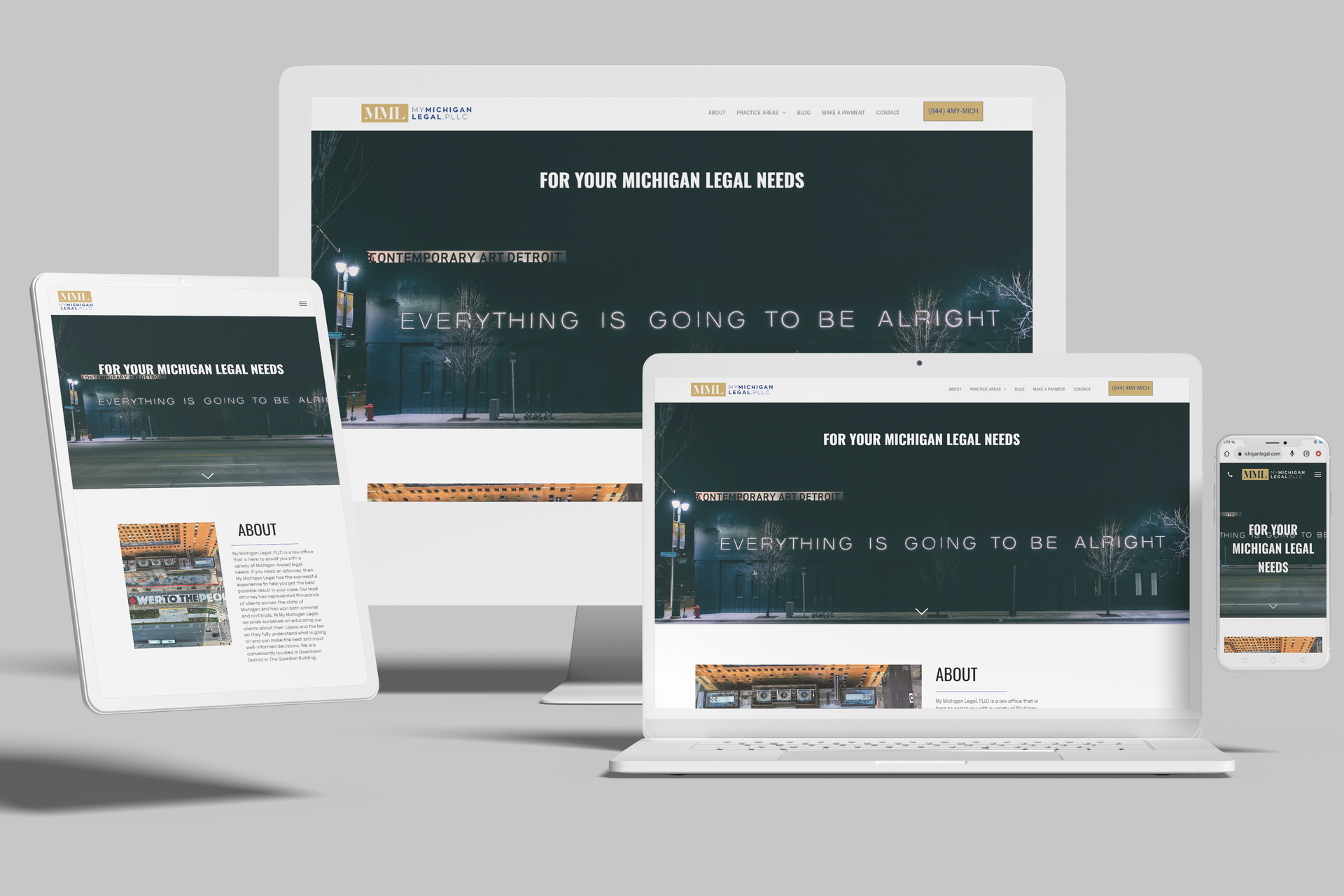 Website design displayed on multiple devices: desktop, laptop, tablet, and phone. Dark theme, gold accents, street photo background.