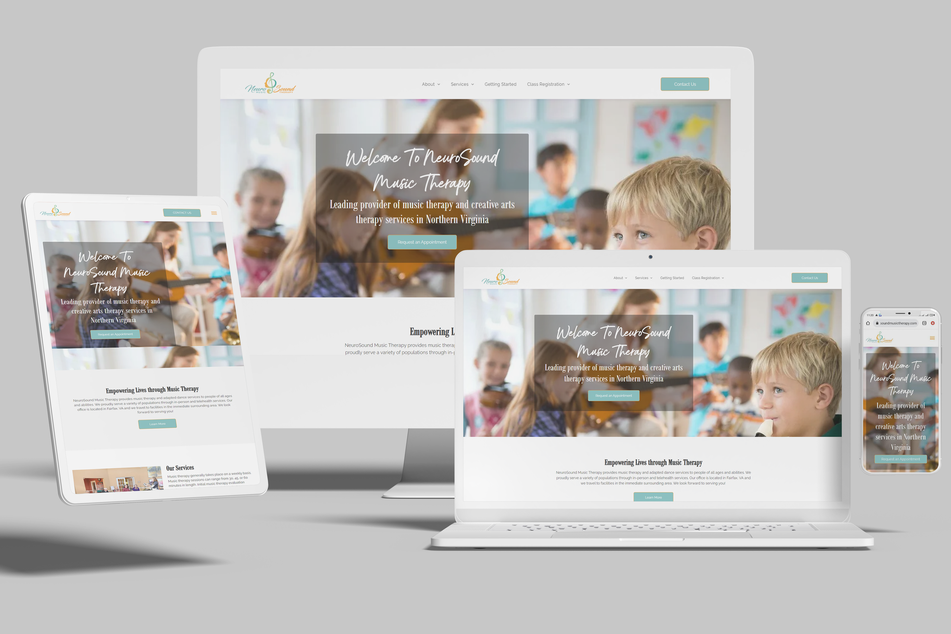 Website mockup on different devices, displaying children in a classroom setting, turquoise accents, and a welcoming message.