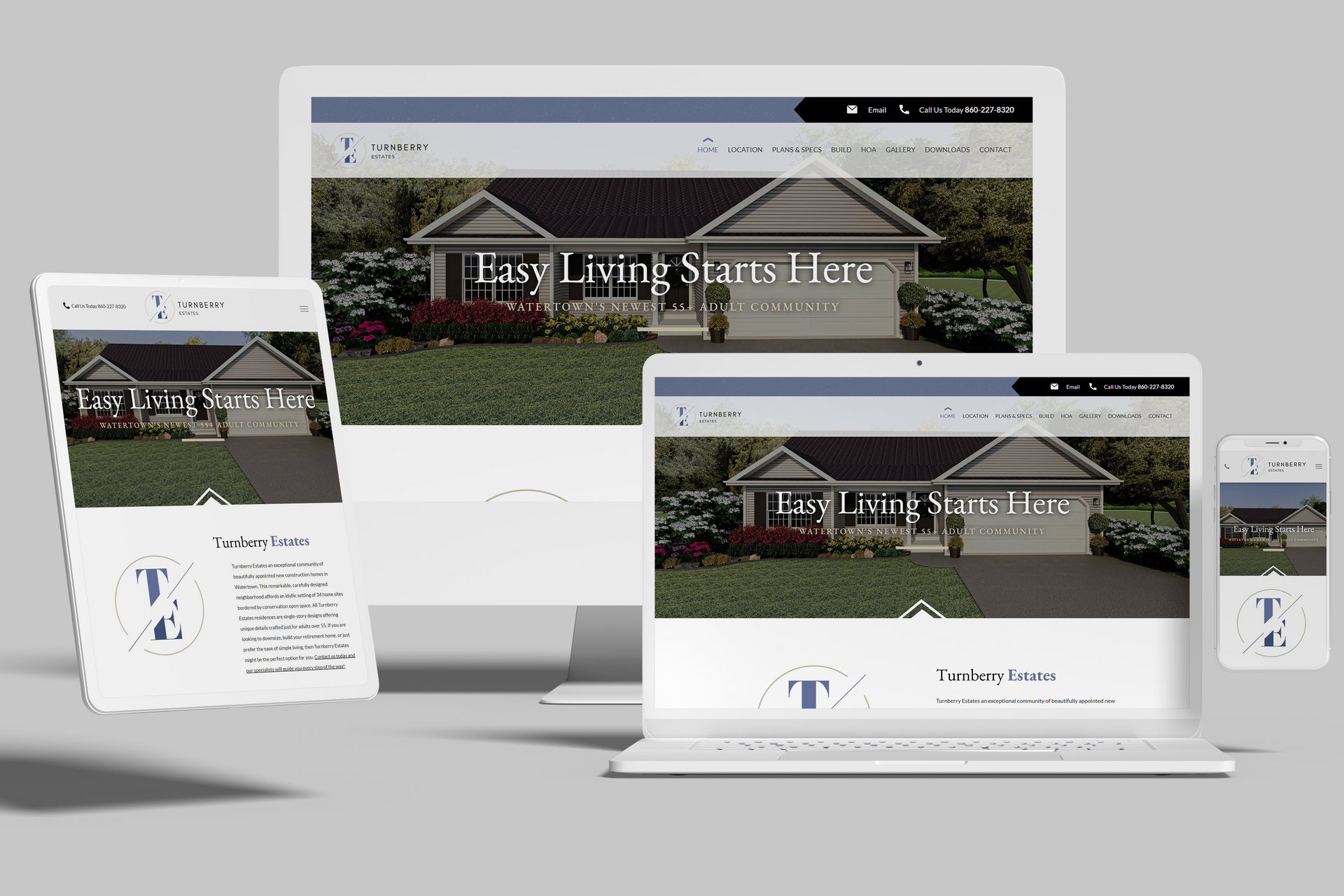 Website design displayed on tablet, desktop, laptop, and phone screens showing a house and the text