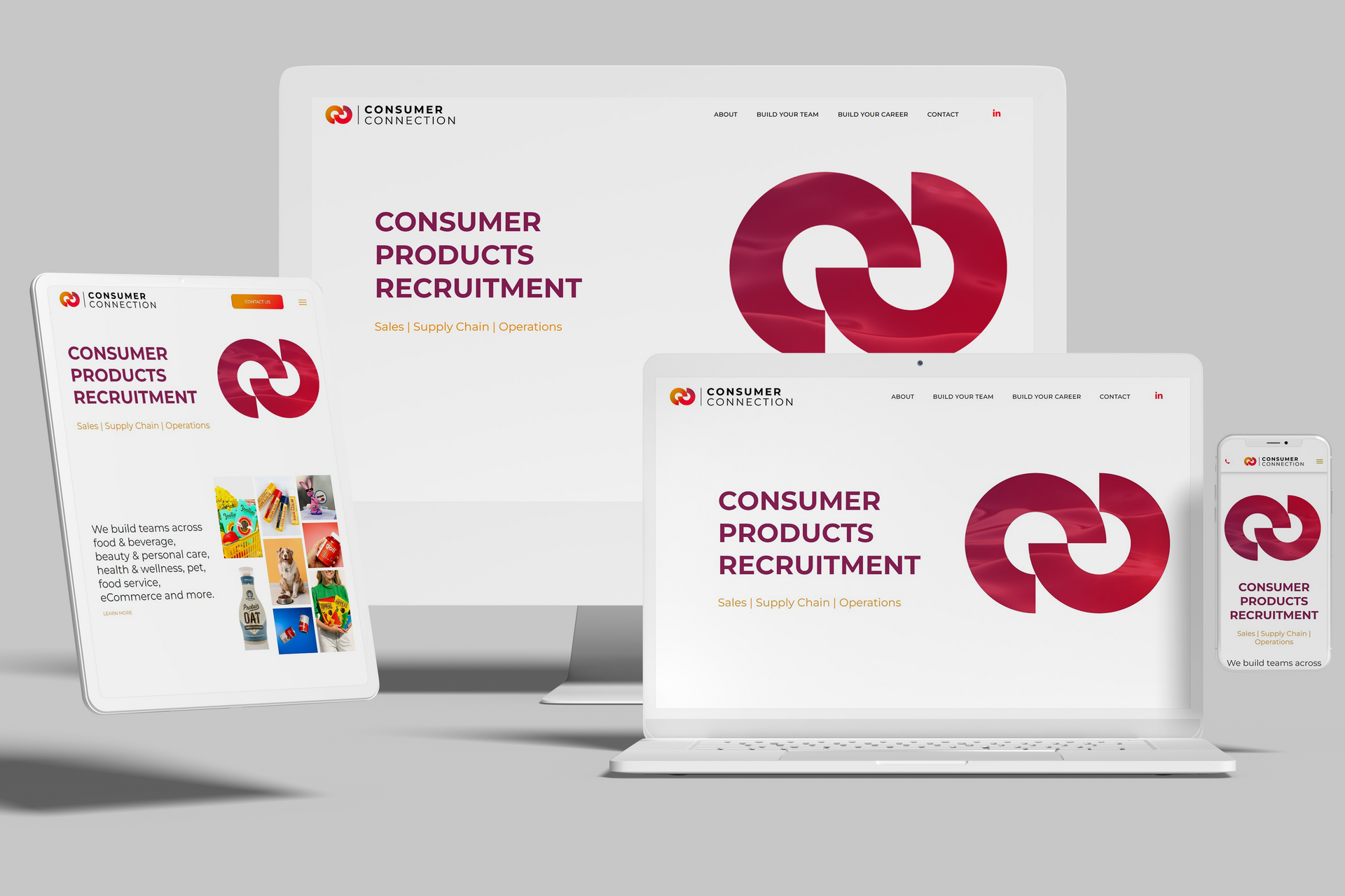 Website design mockup on various devices: consumer products recruitment with a red logo.
