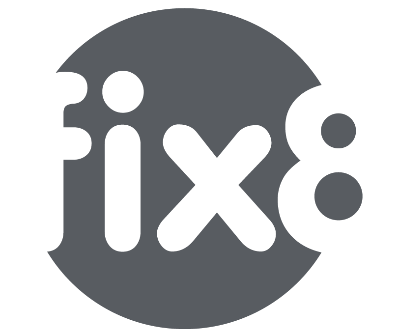 The fix8 logo is a circle with the word fix8 inside of it.