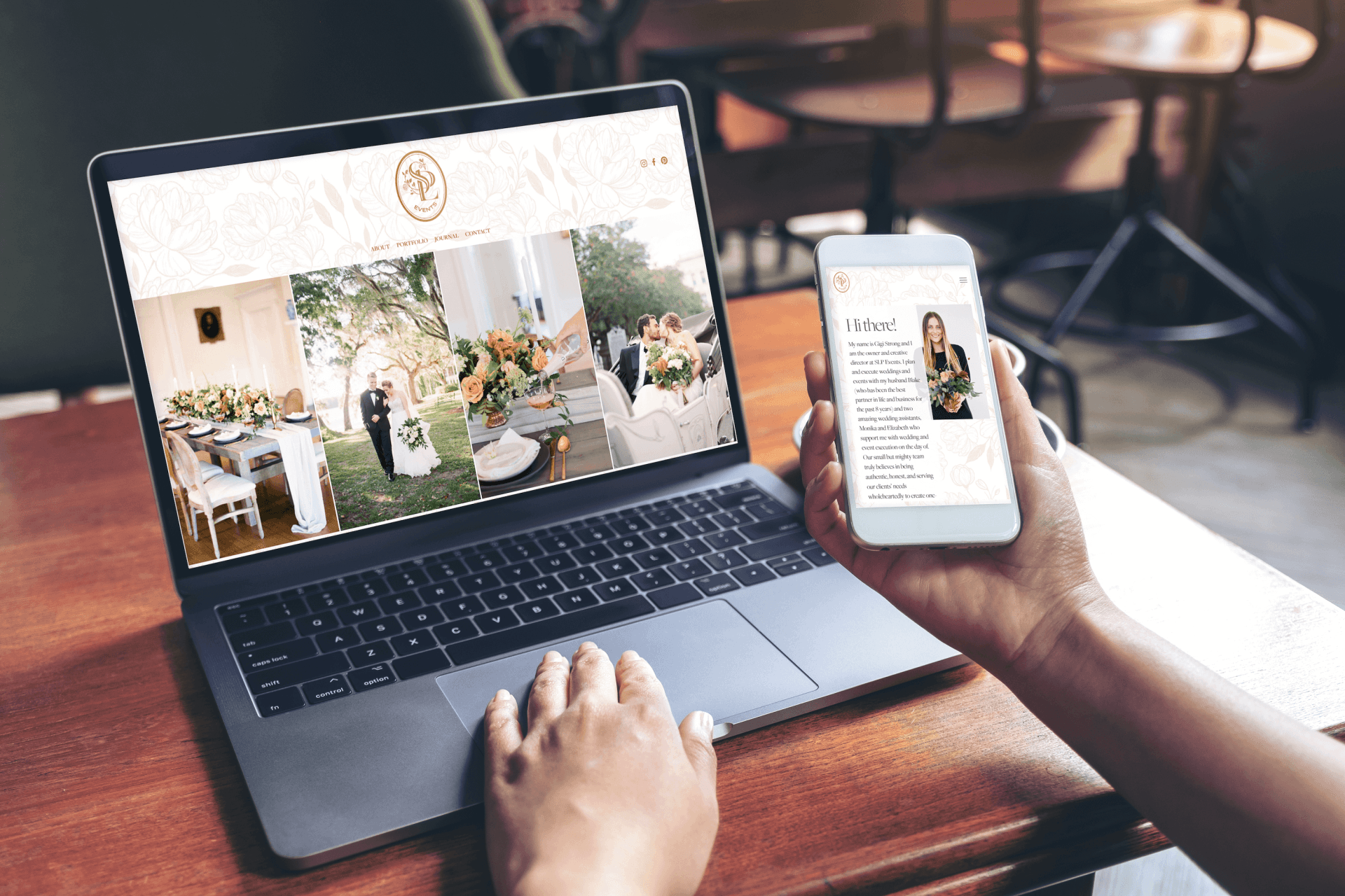 Laptop and phone displaying website with photos of event decor and a business profile.