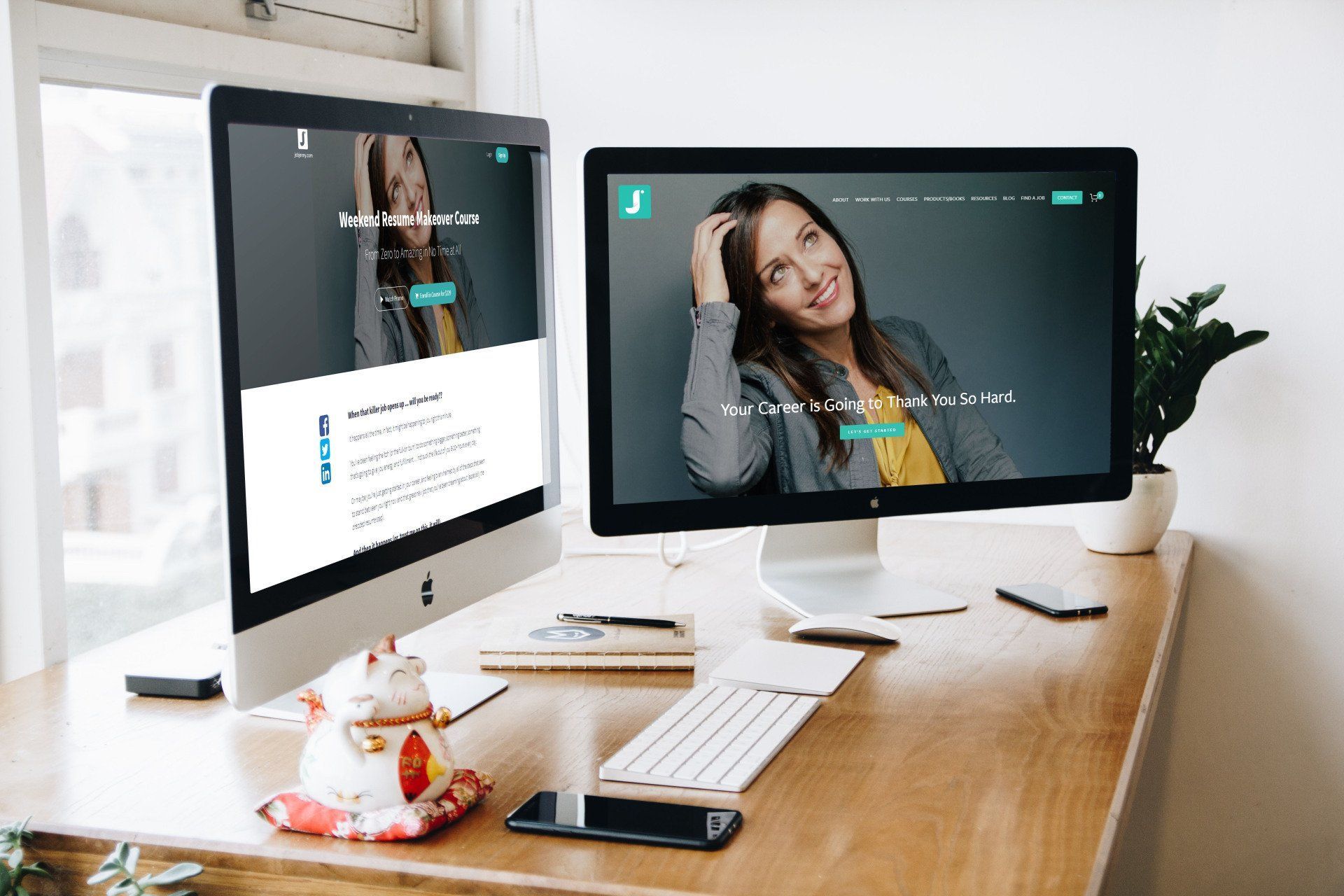 Two computer monitors are sitting on a wooden desk.
