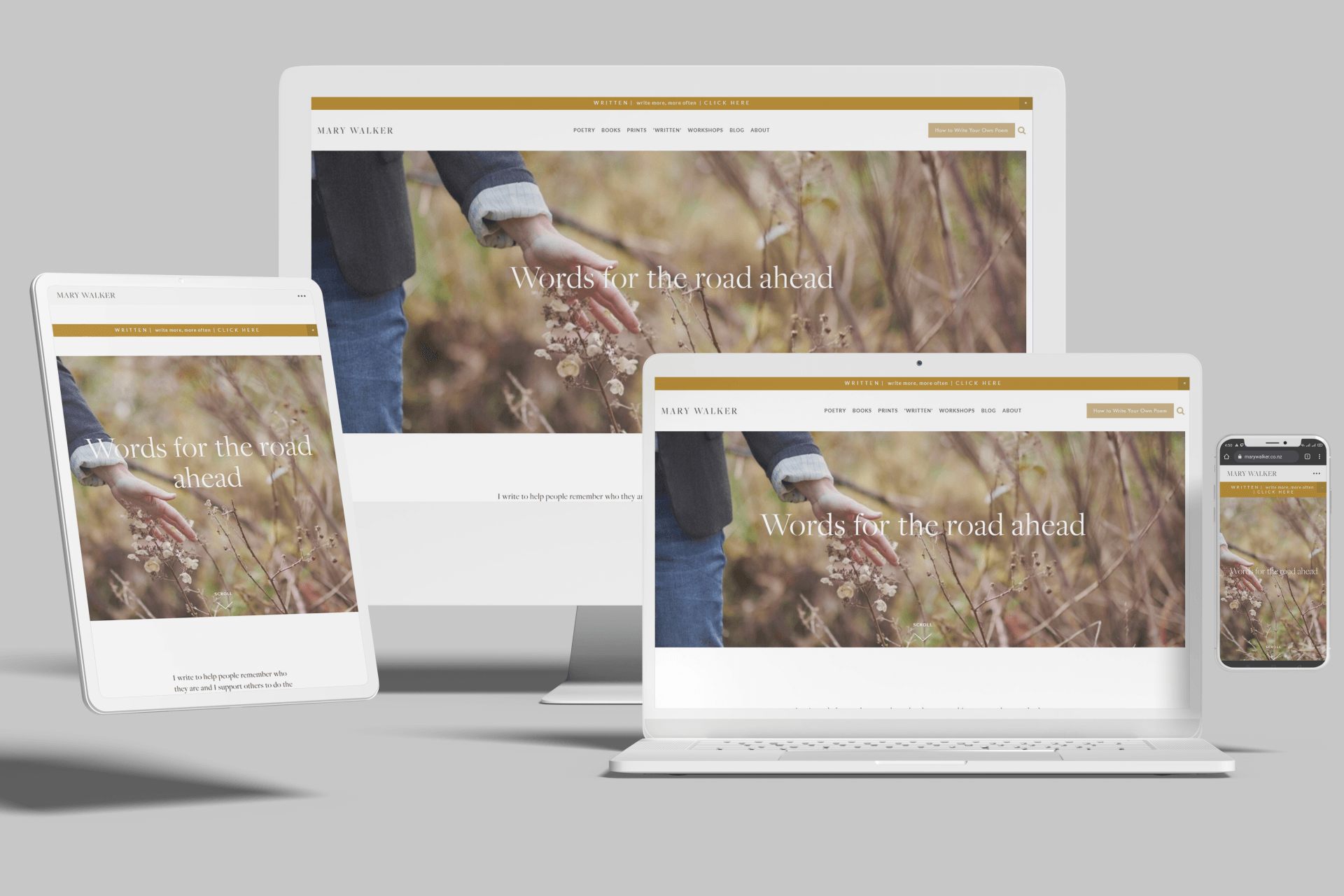 Website design, showing a person's hand touching tall grass across various devices.