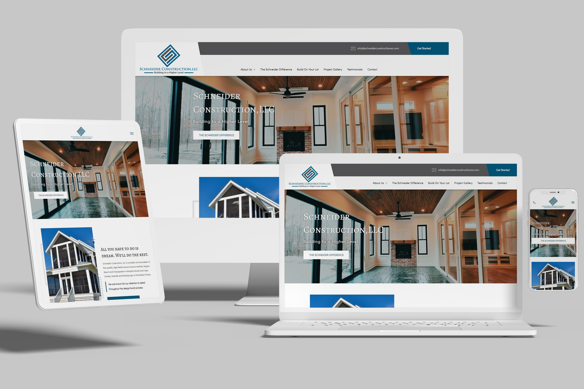 Website design showcasing different devices: desktop, laptop, tablet, and phone, displaying the same webpage about windows and doors.