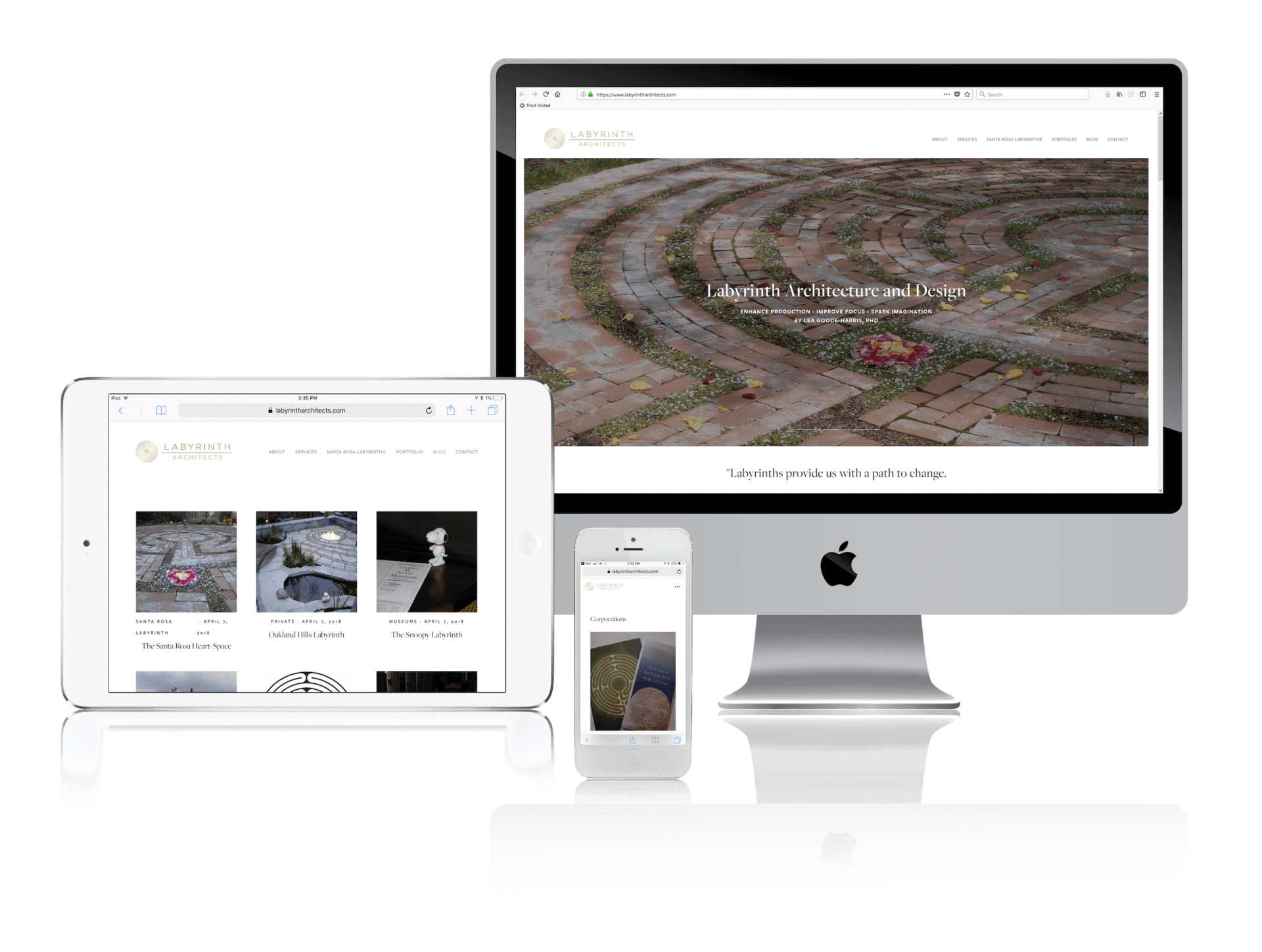 Website design displayed on tablet, desktop, and phone. The site features a gold logo and a landscape image.
