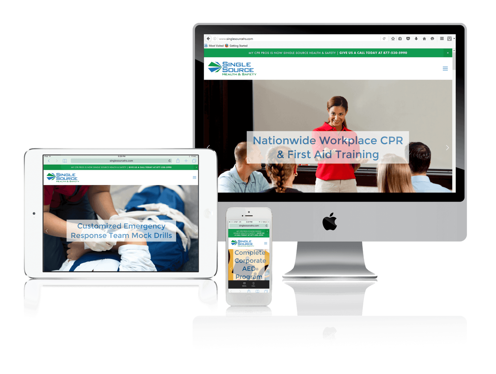 Multiple devices displaying a CPR & First Aid training website: desktop, tablet, and phone.